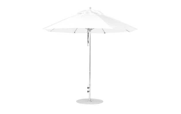 The Essential Fiberglass Umbrella by Ledge Lounger, with its sleek slender metal pole and round flat base, opens to reveal a 9 octagon canopy in marine-grade fabrics. This modern design is perfect for garden or patio use.