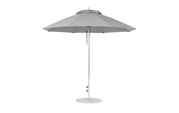 The Ledge Lounger Essential Fiberglass Umbrella - 9 Octagon Pulley features a marine-grade fabric canopy with a slim metal pole, offering sturdy support on an umbrella base, set against a plain white backdrop.