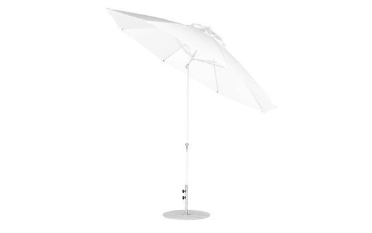 The Ledge Lounger Essential Fiberglass Umbrella - 11 Octagon Crank Auto Tilt, in white, stands open with sleek design features like an aluminum center pole and tilting handle. It is anchored on a solid, round metal base and showcases durable marine-grade fabrics against a plain white background.