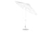 The Ledge Lounger Essential Fiberglass Umbrella - 11 Octagon Crank Auto Tilt, in white, stands open with sleek design features like an aluminum center pole and tilting handle. It is anchored on a solid, round metal base and showcases durable marine-grade fabrics against a plain white background.
