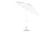 The Ledge Lounger Essential Fiberglass Umbrella - 11 Octagon Crank Auto Tilt, in white, stands open with sleek design features like an aluminum center pole and tilting handle. It is anchored on a solid, round metal base and showcases durable marine-grade fabrics against a plain white background.