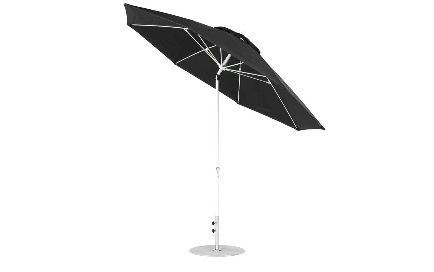 The Ledge Lounger Essential Fiberglass Umbrella (11 Octagon Crank Auto Tilt) has a sleek straight aluminum center pole, a round silver base, and is made with marine-grade fabrics. This black umbrella tilts for optimal sun protection.