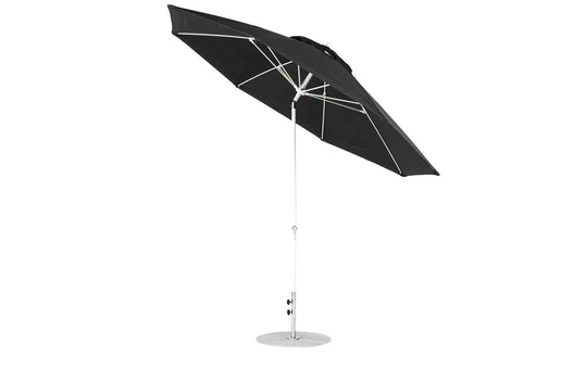 The Ledge Lounger Essential Fiberglass Umbrella (11 Octagon Crank Auto Tilt) has a sleek straight aluminum center pole, a round silver base, and is made with marine-grade fabrics. This black umbrella tilts for optimal sun protection.