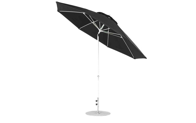 The Ledge Lounger Essential Fiberglass Umbrella (11 Octagon Crank Auto Tilt) has a sleek straight aluminum center pole, a round silver base, and is made with marine-grade fabrics. This black umbrella tilts for optimal sun protection.