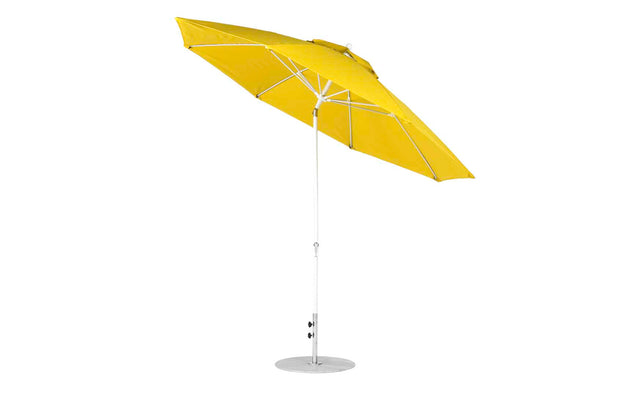 The Ledge Lounger Essential Fiberglass Umbrella features an 11 yellow octagon canopy made of marine-grade fabric, an auto tilt mechanism, a sleek aluminum center pole, and a sturdy round base for lasting outdoor charm.