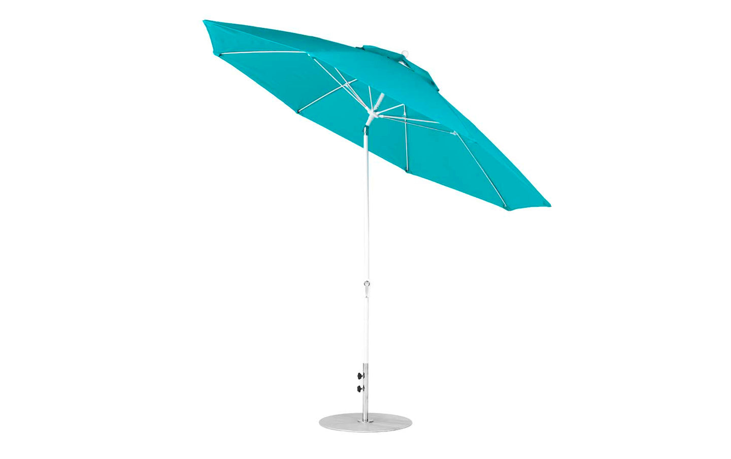 The Essential Fiberglass Umbrella - 11 Octagon Crank Auto Tilt by Ledge Lounger boasts a turquoise marine-grade fabric canopy, an aluminum center pole, and a metallic base. Its minimalist design provides ample shade, perfect for sunny days.