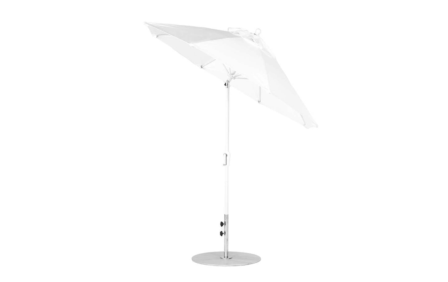 A white outdoor patio umbrella by Ledge Lounger, featuring a metal pole and base against a plain white background. The Essential Fiberglass Umbrella - 7.5 Octagon Crank Auto Tilt is open, showcasing its marine-grade fabric canopy with a simple, modern design thats wind-resistant.
