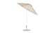 The Ledge Lounger Essential Fiberglass Umbrella, a 7.5 octagon with crank auto-tilt, features marine-grade beige fabric and a metal pole with round base. Wind-resistant and shown fully open against a plain white backdrop for an elegant look.