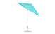 The Ledge Lounger Essential Fiberglass Umbrella, a 7.5 octagon crank auto tilt model, is shown slightly tilted against a white background, featuring blue and white stripes with a durable marine-grade fabric and metal pole with round base.