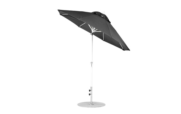 The Ledge Lounger Essential Fiberglass Umbrella - 7.5 Octagon Crank Auto Tilt boasts a black marine-grade fabric canopy for wind resistance and durability, complete with a metal pole and round base supporting adjustable height and angle settings, ideal for patios or gardens.
