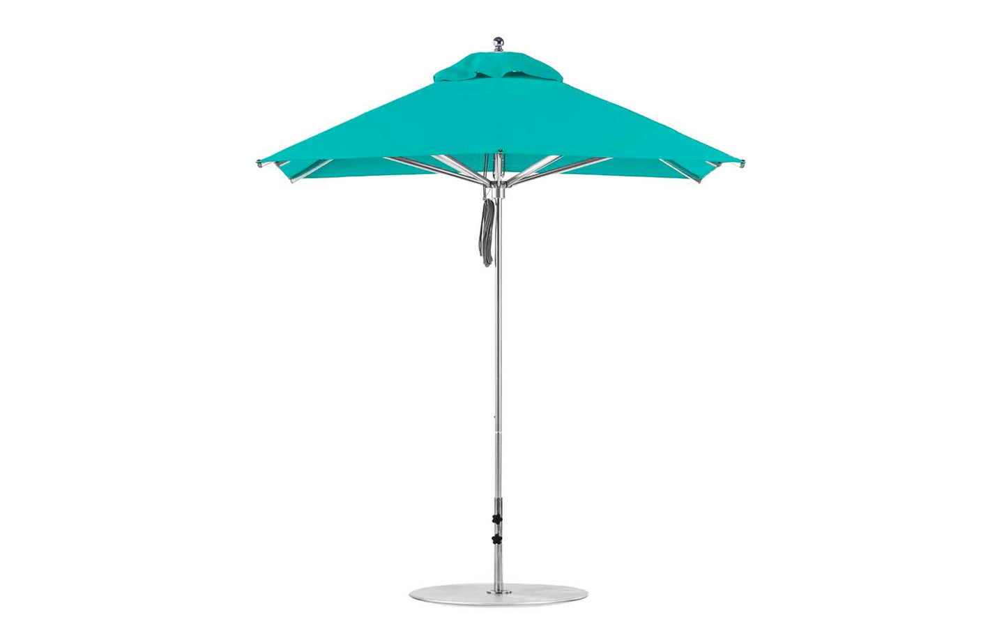 The Premier Aluminum Umbrella by Ledge Lounger features a 7.5 square canopy in turquoise with marine-grade fabrics, an aluminum pole, and a round base. Its vented top enhances airflow for wind resistance, making it ideal for garden or patio settings.