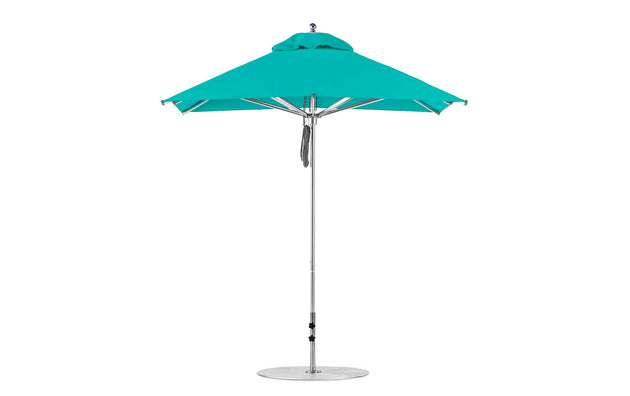 The Premier Aluminum Umbrella by Ledge Lounger features a 7.5 square canopy in turquoise with marine-grade fabrics, an aluminum pole, and a round base. Its vented top enhances airflow for wind resistance, making it ideal for garden or patio settings.