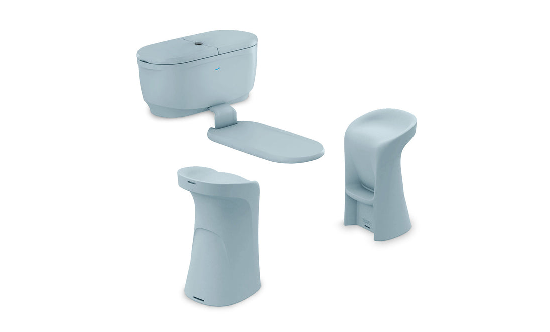 Enhance your space with the PartyPad Swim-Up Bar by Ledge Lounger. This set offers three light blue modern bathroom fixtures—a lidded toilet, tall pedestal sink, and a rounded chair with a curved backrest—each designed with smooth lines to create a refreshing poolside ambiance.