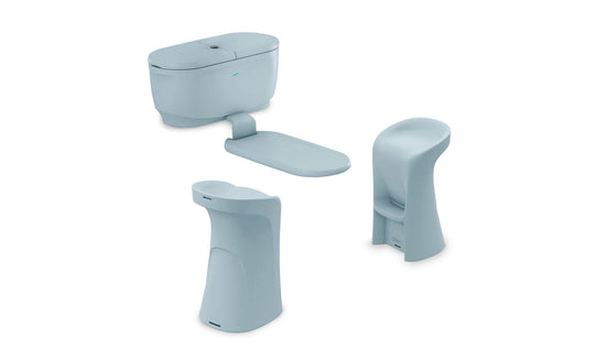 Enhance your space with the PartyPad Swim-Up Bar by Ledge Lounger. This set offers three light blue modern bathroom fixtures—a lidded toilet, tall pedestal sink, and a rounded chair with a curved backrest—each designed with smooth lines to create a refreshing poolside ambiance.
