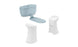 Ledge Loungers PartyPad Swim-Up Bar inspires tranquility with its modern bathroom fixtures: a sleek toilet featuring a blue fold-out seat, a minimalist white urinal, and a contemporary white bidet, all boasting clean futuristic designs reminiscent of poolside relaxation.