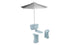 The PartyPad Swim-Up Bar by Ledge Lounger includes a large gray umbrella, two light blue chairs with a modern rounded design, and a matching table ideal for poolside relaxation. The base is sturdy for stability during use.