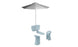 The PartyPad Swim-Up Bar by Ledge Lounger includes a large gray umbrella, two light blue chairs with a modern rounded design, and a matching table ideal for poolside relaxation. The base is sturdy for stability during use.