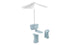 The Ledge Lounger PartyPad Swim-Up Bar is a modern outdoor set ideal for poolside relaxation, featuring a tall white parasol, a light blue pod-style table, and two curved-back stools. The sleek design contrasts elegantly with the crisp white background.