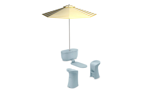 The PartyPad Swim-Up Bar by Ledge Lounger is a sleek, modern outdoor furniture set, perfect for poolside lounging. It features two light blue chairs, a matching table with an integrated cooler, and a yellow and white striped umbrella. Ideal for a minimalist, contemporary design.