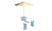 The PartyPad Swim-Up Bar by Ledge Lounger is a sleek, modern outdoor furniture set, perfect for poolside lounging. It features two light blue chairs, a matching table with an integrated cooler, and a yellow and white striped umbrella. Ideal for a minimalist, contemporary design.
