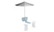 The minimalist setup includes Ledge Loungers PartyPad Swim-Up Bar with a large gray umbrella atop a light blue base, complete with a footrest for poolside relaxation. In front are two modern white chairs with curved backs, all set against an all-white backdrop.