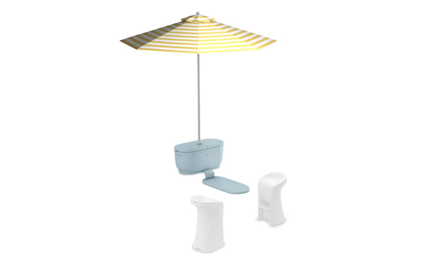 A beach scene with a yellow-and-white striped umbrella shades the Ledge Lounger PartyPad Swim-Up Bar. Two white curved seats face it, offering a perfect poolside sipping spot. The blue bar includes a handle and spout for serving drinks.