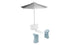The PartyPad Swim-Up Bar by Ledge Lounger features a modern, large gray patio umbrella with base and connected footrest alongside two sleek, light blue stools, offering shade and style for a chic poolside seating area.
