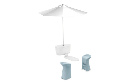 Perfect for poolside relaxation, the PartyPad Swim-Up Bar by Ledge Lounger includes two light blue stools and a tall white umbrella with a rounded base. Its sleek, minimalist design highlights clean lines and soft pastel tones against a white backdrop.