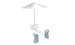 Perfect for poolside relaxation, the PartyPad Swim-Up Bar by Ledge Lounger includes two light blue stools and a tall white umbrella with a rounded base. Its sleek, minimalist design highlights clean lines and soft pastel tones against a white backdrop.