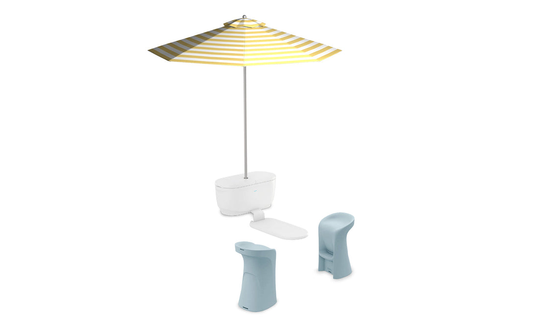 The Ledge Lounger PartyPad Swim-Up Bar features a yellow and white striped umbrella with a white stand, paired with two light blue modern stools on a white background—ideal for poolside sipping.
