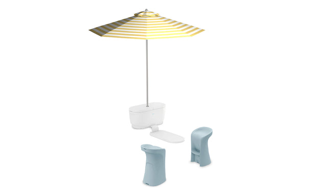 The Ledge Lounger PartyPad Swim-Up Bar features a yellow and white striped umbrella with a white stand, paired with two light blue modern stools on a white background—ideal for poolside sipping.