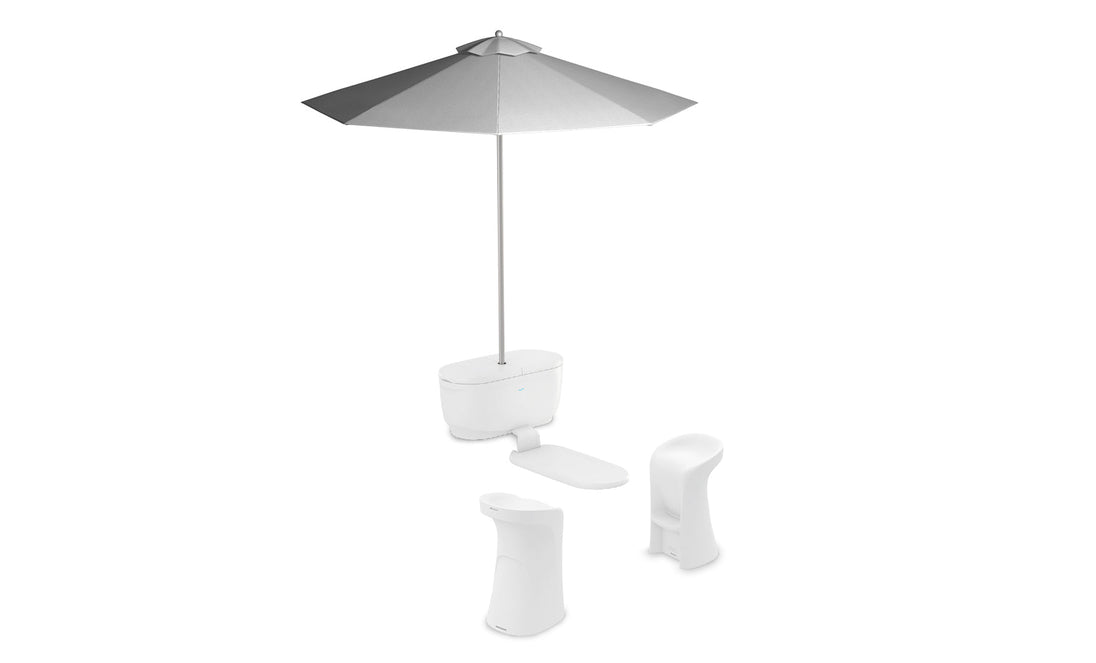 The PartyPad Swim-Up Bar by Ledge Lounger offers a modern outdoor setup for poolside relaxation. It features a large gray umbrella with a white base and is complemented by two tall, sleek white stools. This clean, contemporary design is perfect for style and leisure.