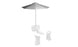 The PartyPad Swim-Up Bar by Ledge Lounger offers a modern outdoor setup for poolside relaxation. It features a large gray umbrella with a white base and is complemented by two tall, sleek white stools. This clean, contemporary design is perfect for style and leisure.