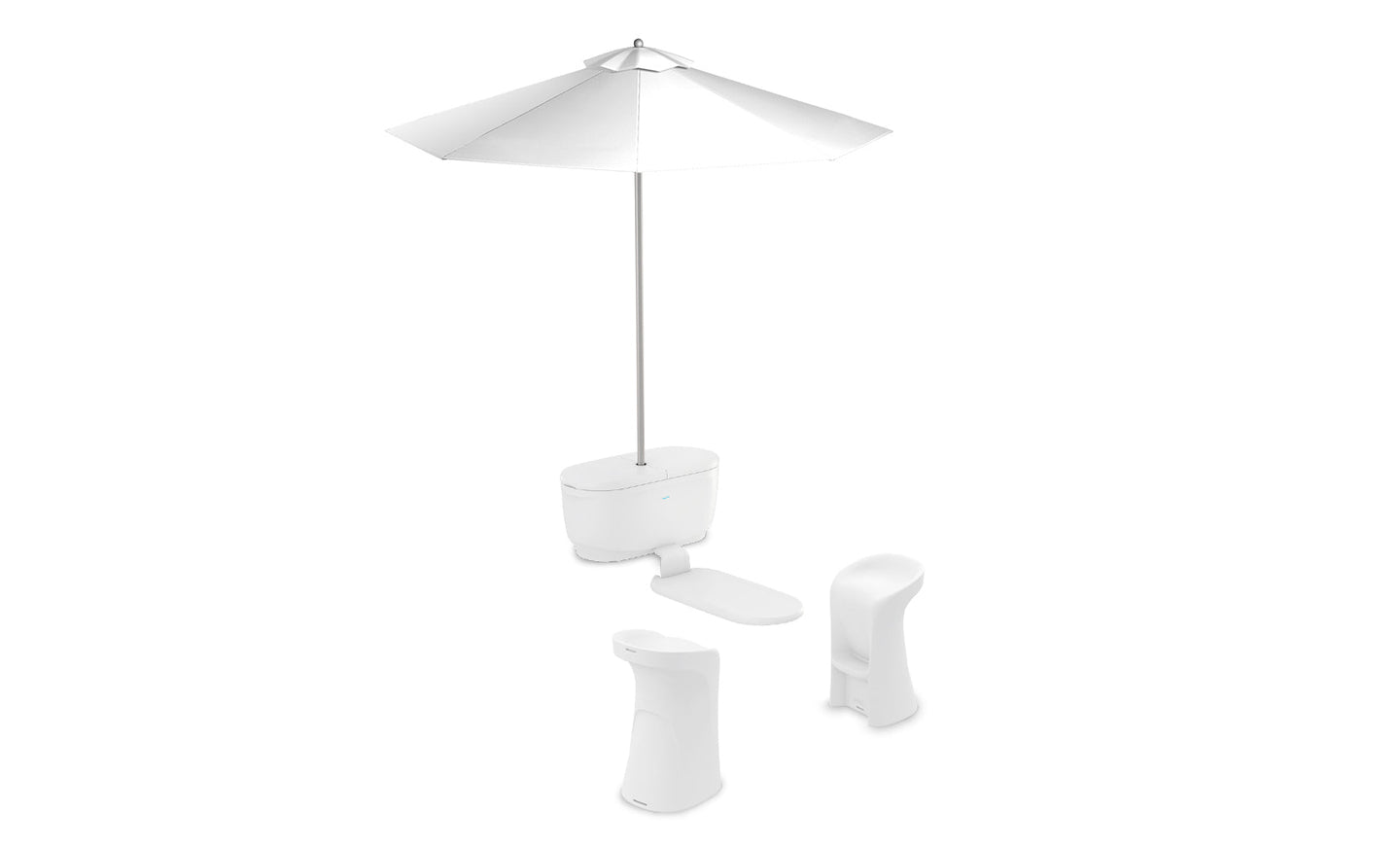 The PartyPad Swim-Up Bar by Ledge Lounger features a white outdoor setup with a large umbrella anchored in a weighted base, two futuristic curvy chairs, and a rectangular footrest, perfect for poolside relaxation with its sleek minimalist design.