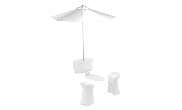 The PartyPad Swim-Up Bar by Ledge Lounger features a white outdoor setup with a large umbrella anchored in a weighted base, two futuristic curvy chairs, and a rectangular footrest, perfect for poolside relaxation with its sleek minimalist design.