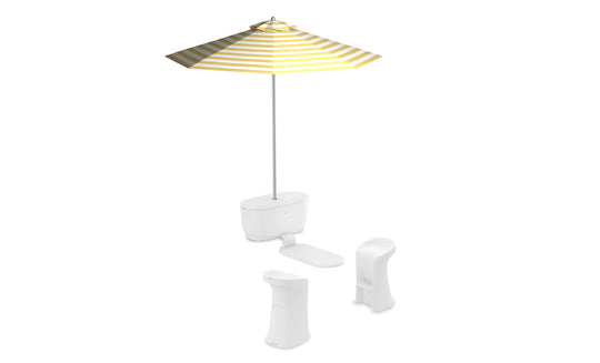 A PartyPad Swim-Up Bar by Ledge Lounger features a yellow and white striped umbrella with a step-on lever base, complemented by two white seating units for a chic poolside setup ideal for drinks.