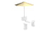 A PartyPad Swim-Up Bar by Ledge Lounger features a yellow and white striped umbrella with a step-on lever base, complemented by two white seating units for a chic poolside setup ideal for drinks.
