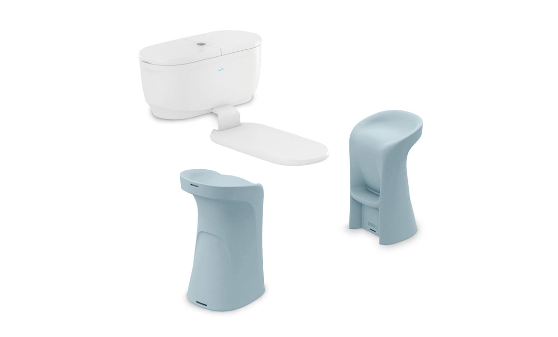 The Ledge Lounger PartyPad Swim-Up Bar transforms your bathroom with a modern setup featuring a white toilet and integrated bidet, accompanied by elegant blue basin and stool pieces. Its minimalist design offers a serene, refreshing ambiance reminiscent of poolside cocktail sipping against a plain white backdrop.
