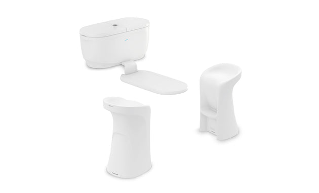 The sleek, modern bathroom set, with its white toilet, unique bidet, and minimalist washbasin, evokes a serene escape reminiscent of the Ledge Lounger PartyPad Swim-Up Bars smooth and contemporary design.