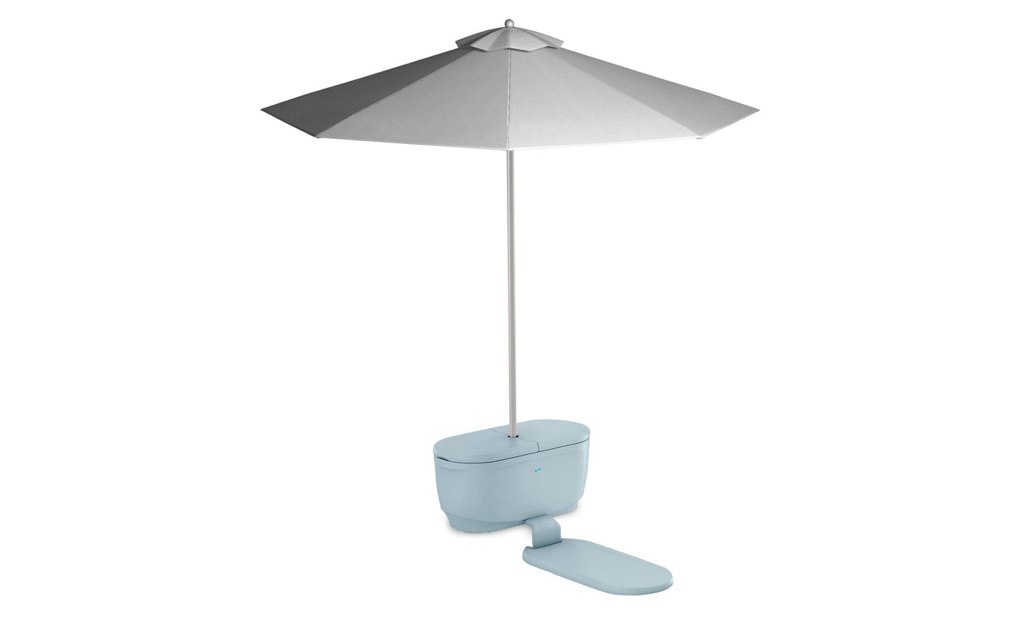 The Ledge Lounger PartyPad Swim-Up Bar in light blue, featuring a large gray outdoor umbrella and a matching blue seat cover, evokes the quirky charm of poolside sipping. Set against a plain white background, its perfect for aquatic relaxation.