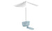 A white umbrella with a metal pole is over a light blue toilet with its lid closed, complemented by a matching floor mat. This setup evokes poolside vibes, akin to Ledge Loungers PartyPad Swim-Up Bar.