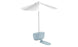 A white umbrella with a metal pole is over a light blue toilet with its lid closed, complemented by a matching floor mat. This setup evokes poolside vibes, akin to Ledge Loungers PartyPad Swim-Up Bar.