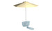 The PartyPad Swim-Up Bar by Ledge Lounger showcases a whimsical light blue toilet with a closed lid under a large yellow and white striped beach umbrella, perfect for poolside sipping. The fully open umbrella shades a flat rectangular mat extending from the toilets base.
