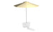 The Ledge Lounger PartyPad Swim-Up Bar is a whimsical toilet with a footrest and a yellow-and-white striped beach umbrella casting playful shadows, perfect for poolside sipping or adding an extravagant touch to your swim-up bar.
