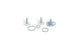 Three Ledge Lounger white cylindrical pegs on circular bases, surrounded by pastel blue and green rings, resemble a Ring Toss setup. Set against a plain white background, it invites a playful outdoor game experience.