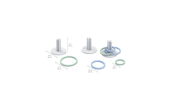 Ledge Loungers Ring Toss set features three towers (9 in, 10 in, and 8.5 in) ideal for backyard fun. The blue and green rings come in diameters of 11 in, 9 in, and 8.5 in, providing an exciting outdoor challenge.