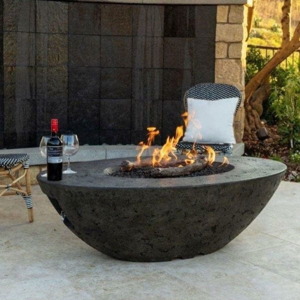 American Fyre 60" Calais Oval Fire Table with modern burner and glass top.