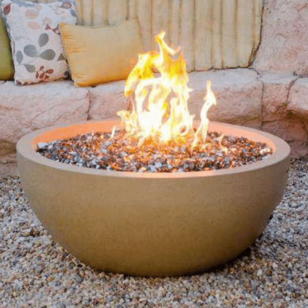 American Fyre Designs 48" fire bowl with a sleek black finish and glass top.