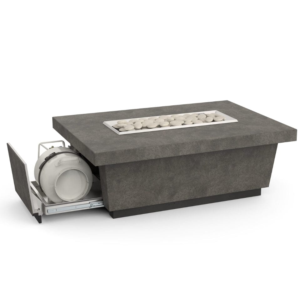 American Fyre Designs Contempo fireplace with propane drawer, modern ceramic glass front and sleek black frame.