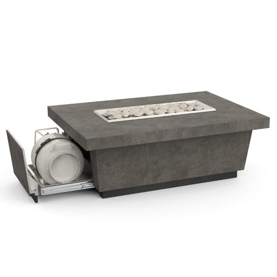 American Fyre Designs Contempo fireplace with propane drawer, modern ceramic glass front and sleek black frame.